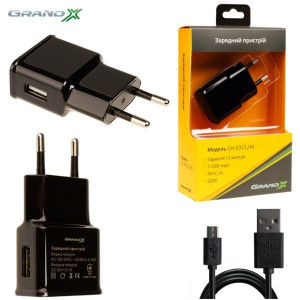Зарядний пристрій Grand-X USB 5V 2,1 A Black +microUSB, CH-03