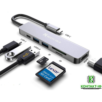 Концентратор Hub 6 в 1 USB Type-C - 2xUSB3.0, USB-C PD, HDTV, SD/TF