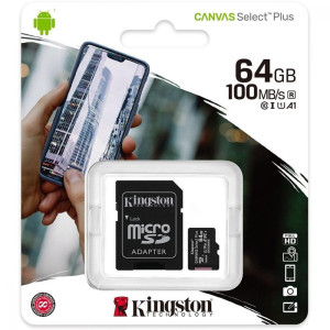 Kingston microSDXC 64Gb Canvas Select Plus Class 10 UHS-I U1 V10 A1 + SD-адаптер (SDCS2/64GB)